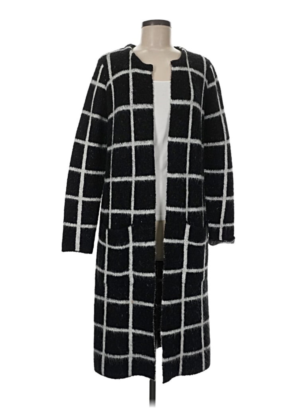 Black and White Windowpane Long Open Sweater Coat
